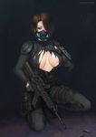  assault_rifle bad_id bad_pixiv_id belt breasts brown_eyes brown_hair christine_yamata cleavage gloves gun hair_over_one_eye large_breasts m4_carbine one_knee resident_evil resident_evil_operation_raccoon_city respirator rifle shell_casing short_hair shoulder_pads solo sweat sweater torn_clothes vasily_(run211) watch weapon 
