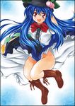  blue_hair boots breasts cross-laced_footwear dress food fruit hat hinanawi_tenshi hips lace-up_boots long_hair medium_breasts no_panties open_mouth peach red_eyes skirt skirt_lift smile solo touhou traditional_media yadokari_genpachirou 