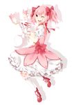  bad_id bad_pixiv_id blood blood_on_face bow bubble_skirt gloves hair_bow highres kaname_madoka kneehighs kyubey magical_girl mahou_shoujo_madoka_magica one_eye_closed pink_hair shouen_kigashi skirt smile twintails violence white_gloves 
