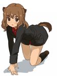  all_fours animal_ears bad_id bad_pixiv_id blush brown_eyes brown_hair fernandia_malvezzi looking_at_viewer open_mouth shibasaki_shouji short_hair solo strike_witches tail uniform world_witches_series 
