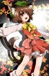  animal_ears bad_id bad_pixiv_id bobby_socks bow brown_hair cat_ears cat_tail chen fang frills gradient gradient_background hat jewelry leaf light long_sleeves looking_away maple_leaf multiple_tails myutsusama no_nose open_mouth outstretched_arms petticoat red_eyes sash shadow shirt short_hair single_earring skirt socks solo tail teeth tongue touhou vest white_legwear 