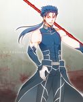  adapted_costume bad_id bad_pixiv_id bare_shoulders blue_hair cape character_name earrings fate/stay_night fate_(series) gae_bolg jewelry lancer long_hair male_focus polearm ponytail red_eyes solo spear weapon yuu_(yu_h) 