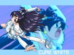  black_hair blue_background blue_eyes boots bow character_name cure_white dress earrings eyelashes fuchi_minoru full_body futari_wa_precure futari_wa_precure_max_heart half_updo jewelry knee_boots long_hair magical_girl outstretched_arms ponytail precure ribbon solo spread_arms white_footwear yukishiro_honoka 