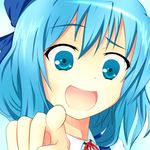 blue_eyes blue_hair bow cirno hair_bow highres laughing looking_at_viewer open_mouth pointing pointing_at_viewer raised_eyebrow short_hair simple_background solo sunuu_(miya) touhou troll_face 