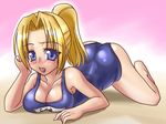  blonde_hair blue_eyes blush breasts cosmic_break large_breasts lazflamme nire_nanaki school_swimsuit solo swimsuit 