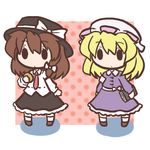  2girls bad_id bad_pixiv_id blonde_hair book brown_hair chibi dress fushigi_ebi hat hat_ribbon holding holding_book lowres maribel_hearn multiple_girls necktie ribbon solid_oval_eyes stopwatch touhou usami_renko watch 