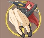  blush brown_eyes cross goji_(biguzamu) hair_over_one_eye inverted_cross krieg_(skullgirls) legs long_hair panties pantyshot parasoul_(skullgirls) red_hair skullgirls solo underwear weapon white_panties 