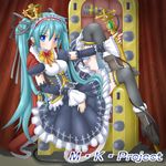  aqua_hair blue_eyes boots chair crown detached_sleeves dress earrings hair_ribbon hatsune_miku headdress jack_(slaintheva) jewelry knee_up long_hair looking_at_viewer microphone microphone_stand ribbon sitting solo thighhighs twintails very_long_hair vocaloid 