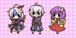  1boy 2girls :d ahoge bad_id bad_pixiv_id book chibi dress flower fushigi_ebi glasses hair_flower hair_ornament hakama head_wings hieda_no_akyuu highres holding holding_book japanese_clothes morichika_rinnosuke multiple_girls open_book open_mouth outline outstretched_arms plaid plaid_background purple_hair red_hakama silver_hair single_head_wing smile solid_oval_eyes tokiko_(touhou) touhou wings yin_yang 
