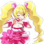  blonde_hair bow breasts choker cleavage cure_peach dress earrings eyelashes fresh_precure! frilled_dress frills hair_ornament heart heart_hair_ornament heart_hands jewelry large_breasts long_hair magical_girl momozono_love naso4 one_eye_closed pink_bow pink_choker pink_eyes precure puffy_short_sleeves puffy_sleeves short_sleeves solo twintails very_long_hair white_background wrist_cuffs 