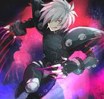  :q albino belt bodysuit brad_kirsten claws hair_over_one_eye male_focus pauldrons pink_background psychic_force red_eyes rinnagi solo tongue tongue_out white_hair 