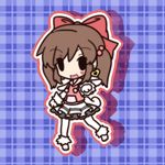  1girl :d bad_id bad_pixiv_id bow brown_hair character_request chibi fushigi_ebi hair_bobbles hair_bow hair_ornament heart jewelry latale open_mouth outline plaid plaid_background shadow single_earring skirt smile solid_oval_eyes solo 