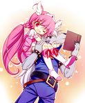  1girl bad_id bad_pixiv_id belt blue_eyes book boots carrying cure_happy fang head_wings hoshizora_miyuki knee_boots long_hair magical_girl no_nose one_eye_closed pants pink_eyes pink_hair pink_skirt precure skirt smile_precure! teruui tiara twintails werewolf white_hair wolfrun 