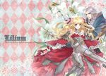  1girl argyle argyle_background armor armored_dress blonde_hair blue_eyes coat dress flower gloves greaves hair_flower hair_ornament itou_misei lance lily_(flower) long_hair original polearm red_dress smile two_side_up weapon white_hair 