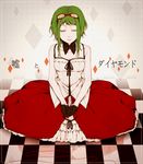  bad_id bad_pixiv_id bare_shoulders breasts cleavage closed_eyes detached_collar dress eyelashes gloves green_hair gumi hiro_satochi medium_breasts red_string short_hair short_hair_with_long_locks sidelocks sitting solo string translated uso_to_diamond_(vocaloid) vocaloid 