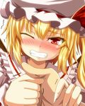  bad_id bad_pixiv_id blonde_hair blush close-up dara3150 fangs fingernails flandre_scarlet hat long_fingernails red_eyes short_hair side_ponytail simple_background solo teeth thumb_war touhou trembling upper_body wince wings 