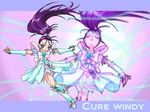  boots bow character_name closed_eyes cure_windy eyelashes fuchi_minoru full_body futari_wa_precure_splash_star long_hair magical_girl mishou_mai outstretched_arms ponytail precure purple purple_background purple_eyes purple_hair ribbon skirt solo spread_arms 