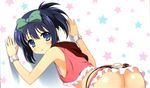  against_wall ass bent_over black_hair blue_eyes blue_hair blush bow bracelet hair_bow highres hip_vent jewelry kobayashi_ritz kunihiro_hajime looking_back out-of-frame_censoring revealing_clothes saki solo star 