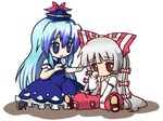  bad_id bad_pixiv_id blue_eyes blue_hair brown_hair chibi dress fujiwara_no_mokou fushigi_ebi kamishirasawa_keine long_hair multiple_girls red_eyes silver_hair simple_background sitting suspenders tears touhou white_background wiping_tears 