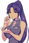  alternate_costume asuka_(dream_c_club_zero) bare_shoulders breast_press breasts collarbone cream cupping_hand dark_skin dream_c_club dream_c_club_(series) dream_c_club_zero green_eyes large_breasts long_hair messy mole ponytail purple_eyes purple_hair saliva saliva_trail sexually_suggestive simple_background solo tomohiro_kai tongue tongue_out 