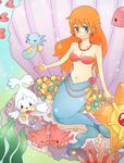  coral corsola earrings flower gen_1_pokemon gen_2_pokemon gen_3_pokemon green_eyes highres horsea jewelry kasumi_(pokemon) long_hair luvdisc mermaid midriff monster_girl necklace orange_hair pokemon pokemon_(anime) pokemon_(classic_anime) pokemon_(creature) potato_(nari420) seaweed seel shell shell_bikini smile star staryu underwater 