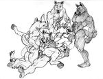  anal_penetration anthro canine double_anal double_insertion double_penetration fellatio gangbang gay greyscale group group_sex interspecies male mammal monochrome muscles oral oral_sex orgy penetration plain_background sex stag sudonym white_background wolf 