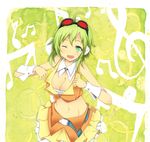  ahoge bare_shoulders beamed_eighth_notes blush body_blush breasts cleavage crop_top eighth_note goggles goggles_on_head green_eyes green_hair gumi highres large_breasts looking_at_viewer midriff musical_note navel one_eye_closed open_mouth short_hair skirt smile solo suu2510 treble_clef vocaloid wrist_cuffs 
