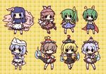  6+girls ^_^ animal_ears bad_id bad_pixiv_id blonde_hair blue_hair cape chibi closed_eyes daiyousei dress fushigi_ebi green_hair hat highres hood instrument kumoi_ichirin letty_whiterock lunasa_prismriver lyrica_prismriver merlin_prismriver multiple_girls mystia_lorelei outline piano plaid plaid_background side_ponytail silver_hair smile solid_oval_eyes star touhou trumpet unzan violin wings wriggle_nightbug 