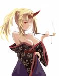  alternate_costume alternate_hairstyle arm_up bare_shoulders blonde_hair breasts cleavage eluthel floral_print horn hoshiguma_yuugi japanese_clothes kimono kiseru large_breasts off_shoulder one_eye_closed pipe pointy_ears ponytail red_eyes smoking solo touhou yuujo 