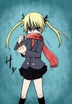  blonde_hair clenched_hand hair_ribbon kill_me_baby necktie purple_eyes red_scarf ribbon scarf skirt solo sonya_(kill_me_baby) twintails 