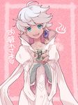  aqua_eyes bad_id bad_pixiv_id cup dark_skin dress earrings gensou_suikoden gensou_suikoden_tsumugareshi_hyakunen_no_toki jewelry kanazawa_hiromu pink_background robe short_hair single_earring smile solo steam white_dress white_hair zephon_(suikoden) 