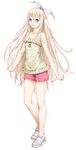  bare_shoulders blue_eyes blush bow cozy hair_bow hairband long_hair looking_at_viewer original sandals shorts simple_background smile solo very_long_hair 