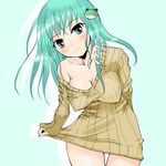  aqua_eyes aqua_hair bangs blue_background blush breasts cleavage collarbone covered_nipples deego_(omochi_bazooka) dress frog_hair_ornament green_eyes green_hair hair_ornament head_tilt hips kochiya_sanae large_breasts long_hair naked_sweater no_bra ribbed_sweater smile snake_hair_ornament solo standing straight_hair sweater sweater_dress thigh_gap touhou 