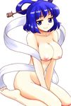  barefoot between_thighs blue_eyes blue_hair breasts feet hair_ornament hair_rings hair_stick jitome kaku_seiga large_breasts mono_(moiky) nipples nude shawl short_hair simple_background sitting smile solo touhou v_arms wariza white_background 