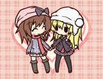  2girls :d :o ^_^ alternate_costume blonde_hair blush_stickers bow brown_hair casual chibi closed_eyes fushigi_ebi hat hat_bow holding_hands long_hair maribel_hearn multiple_girls open_mouth outline pantyhose plaid plaid_background scarf smile solid_oval_eyes touhou usami_renko yuri 