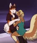  anthro blonde_hair brown_fur brown_hair canine clothing couple dog dress duo female fluffy_tail fur hair handjob interspecies kappy_(character) keihound kissing leon_aokee male mammal multi-colored_body night orange_fur outside penis romantic sex shirt short_hair sitting skunk white_fur 