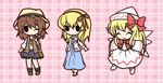  3girls :d ;) ^_^ bad_id bad_pixiv_id bag blonde_hair bow brown_hair chibi closed_eyes cross cross_necklace dress fushigi_ebi hair_bow hair_ribbon hat hat_ribbon holding jewelry lily_white maribel_hearn multiple_girls necklace one_eye_closed open_mouth outline outstretched_arms plaid plaid_background ribbon smile solid_oval_eyes touhou usami_renko wings 