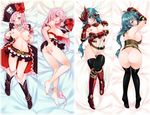  armor ass barefoot bed_sheet black_legwear blue_eyes blue_hair blush boots bow bow_panties braid breasts captain_liliana censored covering covering_breasts dakimakura frills hand_on_ass hat helmet hinasaki_you jolly_roger large_breasts long_hair lying mirim multiple_girls navel nipples no_panties no_shoes on_back on_side on_stomach open_mouth panties panties_around_one_leg pink_hair pink_panties pirate_hat purple_eyes queen's_blade queen's_blade_rebellion skirt skull_and_crossed_swords smile thighhighs underwear winged_helmet 