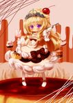  blonde_hair cake cake_dress crown doughnut dress duel_monster food food_as_clothes highres hiro1417 madolche_puddingcess pudding purple_eyes solo spoon yuu-gi-ou yuu-gi-ou_duel_monsters 