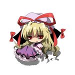  :o armband bad_id bad_pixiv_id blonde_hair blouse bow chibi eyelashes frills gap hand_on_lap hat hat_ribbon long_hair looking_at_viewer myutsusama no_nose petticoat red_eyes ribbon shadow simple_background sitting skirt solo touhou very_long_hair white_background yakumo_yukari 