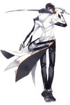  black_hair black_pants blade_master_(elsword) elsword full_body gloves highres hood jacket legs looking_back male_focus mori_(1804282) pants raven_(elsword) shoes solo sword weapon white_background yellow_eyes 