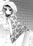  :p akanbe ass bangs blush bottomless brick_wall greyscale hand_in_pocket hood hoodie kirino_sami kyou_ami! leaning_forward monochrome naked_hoodie porurin running_bond sleeveless sleeveless_hoodie solo sweater tongue tongue_out 