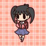  1girl azuki-chan backpack bad_id bad_pixiv_id bag black_hair chibi fushigi_ebi noyama_azusa outline plaid plaid_background skirt smile solid_oval_eyes solo twintails 