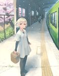 blonde_hair cherry_blossoms lowres original pantyhose smile tactile_paving train_station weno weno's_blonde_original_character 