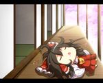  ascot bad_id bad_pixiv_id beni_shake black_hair bow cherry_blossoms chibi closed_eyes detached_sleeves drooling hair_bow hair_tubes hakurei_reimu lens_flare letterboxed long_hair lying on_back open_door open_mouth outstretched_arms petals porch shirt skirt skirt_set sleeping solo tatami touhou tree veranda 