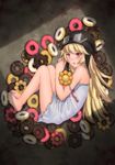  bakemonogatari bare_shoulders barefoot blonde_hair doughnut dress food goggles helmet highres kai_(link2262) legs long_hair long_legs mister_donut monogatari_(series) oshino_shinobu pointy_ears pon_de_lion pon_de_ring red_eyes solo 