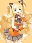  animal_ears bare_shoulders blonde_hair blue_eyes cat_ears long_hair open_mouth seeu senri_(nazerine) skirt smile solo string_phone thighhighs very_long_hair vocaloid white_legwear zettai_ryouiki 