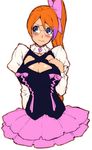  aquarion_(series) aquarion_evol blue_eyes blush breasts cleavage dress embarrassed glasses highres hijiri_rei large_breasts long_hair mix_(aquarion) orange_hair ponytail skirt solo 