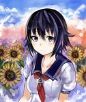  blue_eyes blue_hair flower nerotarou@seven photokano sanehara_hikari school_uniform smile solo sunflower 