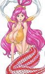  66head blue_eyes breasts cleavage large_breasts long_hair mermaid monster_girl one_piece open_mouth pink_hair shirahoshi solo surprised 